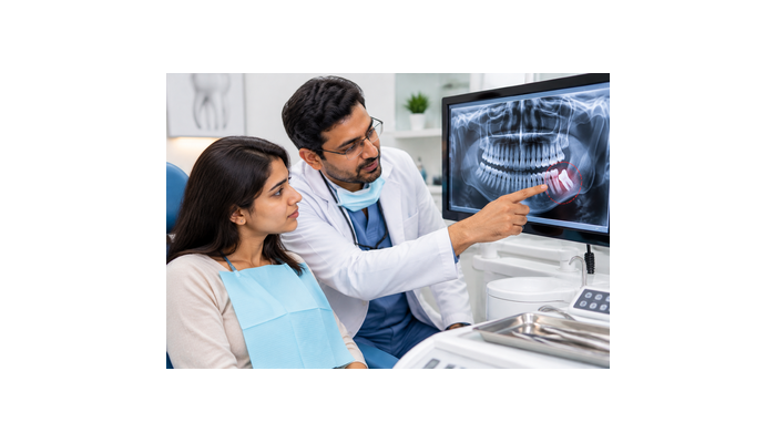 OPG panoramic X-ray showing an impacted wisdom tooth